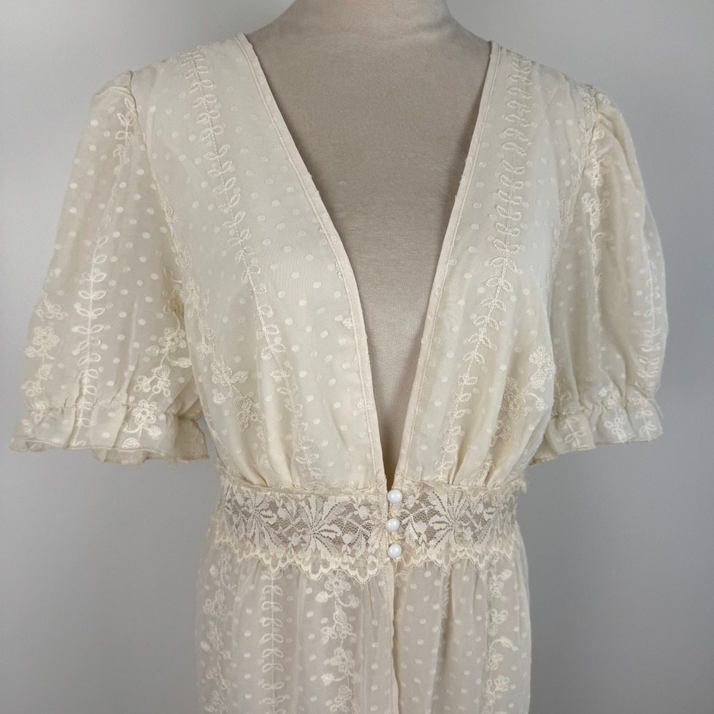 Cream Swiss Dot Floral Embroidered Lace Maxi Duster Kimono Cover Up Size 2XL - Picture 3 of 7